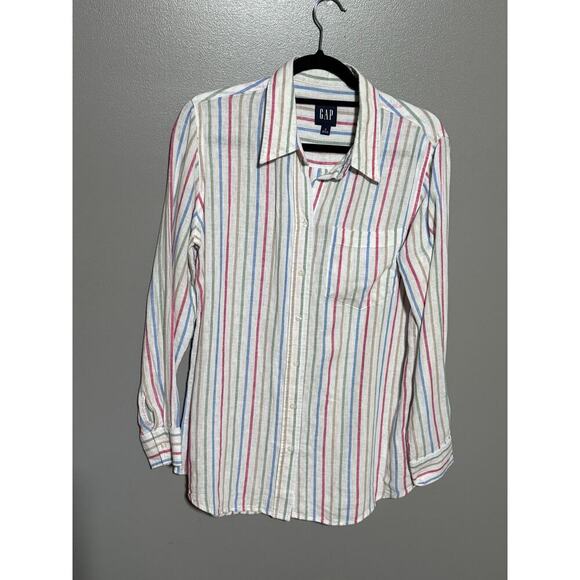 NWOT Gap Linen Striped Long Sleeve Button Down Shirt Small White w/Multi Colors - Picture 1 of 7
